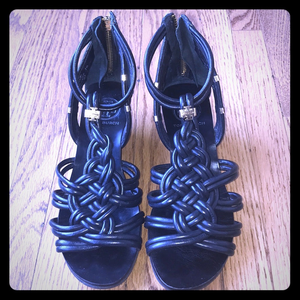 Tory Burch Gorgeous black woven low wedge sandals.